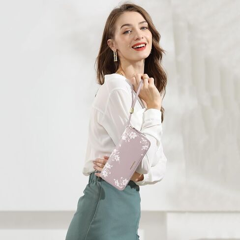 Pomelo Best Wallet for Women Leather RFID Blocking Credit Card Large Capacity Zip Around Clutch Floral Wallets with Wristlet Litchi tea in Kuwait
