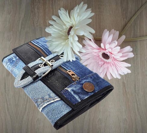upcyccling bifold denim محفظة مزخرفة جلد الأفعى السحاب من جلود جلدية ولكنات مشبك محفظة طويلة محفظة للمحفظة للنساء (أحمر) in Kuwait