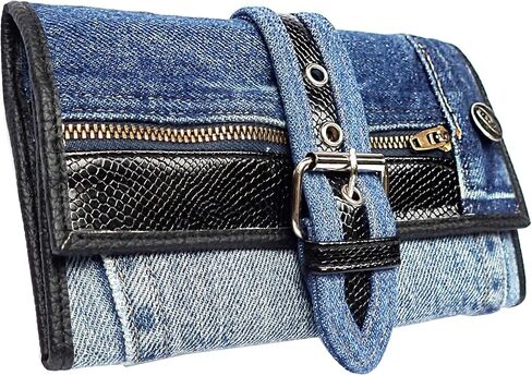 upcyccling bifold denim محفظة مزخرفة جلد الأفعى السحاب من جلود جلدية ولكنات مشبك محفظة طويلة محفظة للمحفظة للنساء (أحمر) in Kuwait