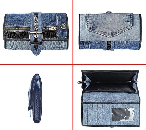 upcyccling bifold denim محفظة مزخرفة جلد الأفعى السحاب من جلود جلدية ولكنات مشبك محفظة طويلة محفظة للمحفظة للنساء (أحمر) in Kuwait