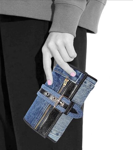 upcyccling bifold denim محفظة مزخرفة جلد الأفعى السحاب من جلود جلدية ولكنات مشبك محفظة طويلة محفظة للمحفظة للنساء (أحمر) in Kuwait