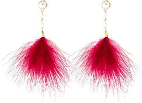 Long Feather Tassel Pearl Dangle Drop Earrings Boho Handmade Colorful Soft Feathers Chandelier Lightweight Pearl Chain Earrings for Women Girls Bohemian Style Wedding Bridal Prom Party Jewelry Gifts in Kuwait