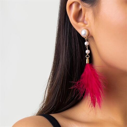 Long Feather Tassel Pearl Dangle Drop Earrings Boho Handmade Colorful Soft Feathers Chandelier Lightweight Pearl Chain Earrings for Women Girls Bohemian Style Wedding Bridal Prom Party Jewelry Gifts in Kuwait