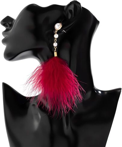 Long Feather Tassel Pearl Dangle Drop Earrings Boho Handmade Colorful Soft Feathers Chandelier Lightweight Pearl Chain Earrings for Women Girls Bohemian Style Wedding Bridal Prom Party Jewelry Gifts in Kuwait