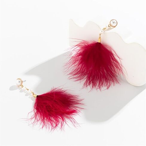 Long Feather Tassel Pearl Dangle Drop Earrings Boho Handmade Colorful Soft Feathers Chandelier Lightweight Pearl Chain Earrings for Women Girls Bohemian Style Wedding Bridal Prom Party Jewelry Gifts in Kuwait