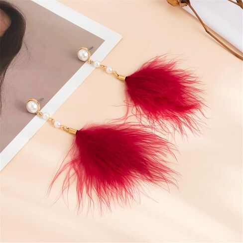 Long Feather Tassel Pearl Dangle Drop Earrings Boho Handmade Colorful Soft Feathers Chandelier Lightweight Pearl Chain Earrings for Women Girls Bohemian Style Wedding Bridal Prom Party Jewelry Gifts in Kuwait