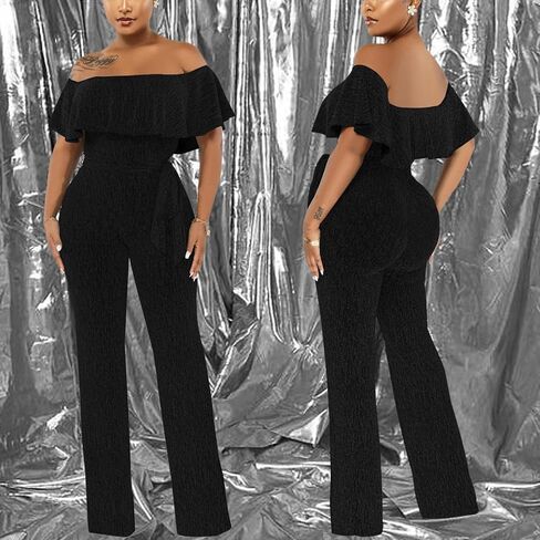Women's Sexy Sparkly Classy Jumpsuits Casual Off Shoulder Loose Wide Leg Pants Clubwear Party Rompers in Saudi Arabia