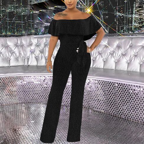 Women's Sexy Sparkly Classy Jumpsuits Casual Off Shoulder Loose Wide Leg Pants Clubwear Party Rompers in Saudi Arabia
