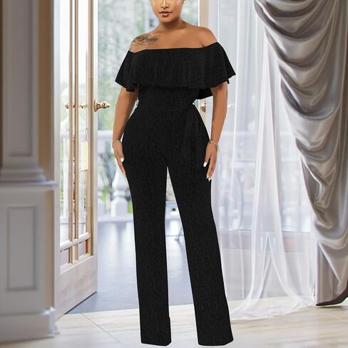 Women's Sexy Sparkly Classy Jumpsuits Casual Off Shoulder Loose Wide Leg Pants Clubwear Party Rompers in Saudi Arabia