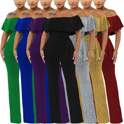 Women's Sexy Sparkly Classy Jumpsuits Casual Off Shoulder Loose Wide Leg Pants Clubwear Party Rompers in Saudi Arabia