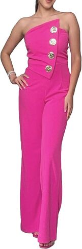 Tcremisa Women's Dressy Strapless Wide Leg Jumpsuit Sexy Tube Off Shoulder Romper Button Irregular One Piece Outfit in Saudi Arabia