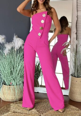 Tcremisa Women's Dressy Strapless Wide Leg Jumpsuit Sexy Tube Off Shoulder Romper Button Irregular One Piece Outfit in Saudi Arabia