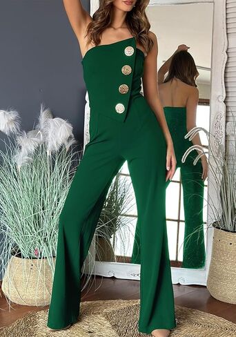 Tcremisa Women's Dressy Strapless Wide Leg Jumpsuit Sexy Tube Off Shoulder Romper Button Irregular One Piece Outfit in Saudi Arabia