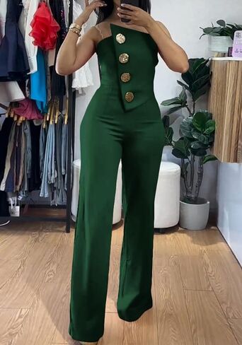 Tcremisa Women's Dressy Strapless Wide Leg Jumpsuit Sexy Tube Off Shoulder Romper Button Irregular One Piece Outfit in Saudi Arabia
