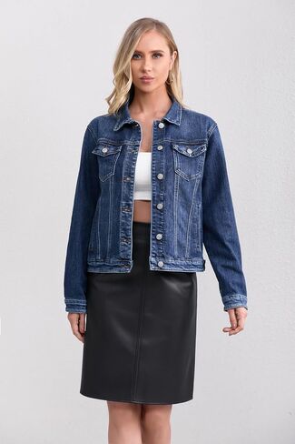 Women's Stretch Jean Jacket, Lightweight Soft Denim Jacket for Women Fitted Long Sleeve Womens Jean Trucker Coat in Kuwait