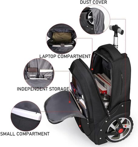 Waterproof Rolling Backpack, Backpack with Wheels for Business and Travel Commuter, Carry on Backpack with Laptop Compartment for Women and Men Adult (Black, 20inch) in Kuwait