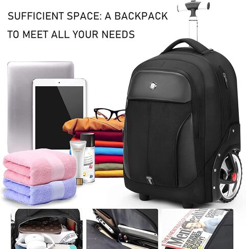 Waterproof Rolling Backpack, Backpack with Wheels for Business and Travel Commuter, Carry on Backpack with Laptop Compartment for Women and Men Adult (Black, 20inch) in Kuwait
