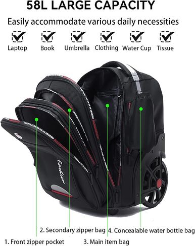 Waterproof Rolling Backpack, Backpack with Wheels for Business and Travel Commuter, Carry on Backpack with Laptop Compartment for Women and Men Adult (Black, 20inch) in Kuwait