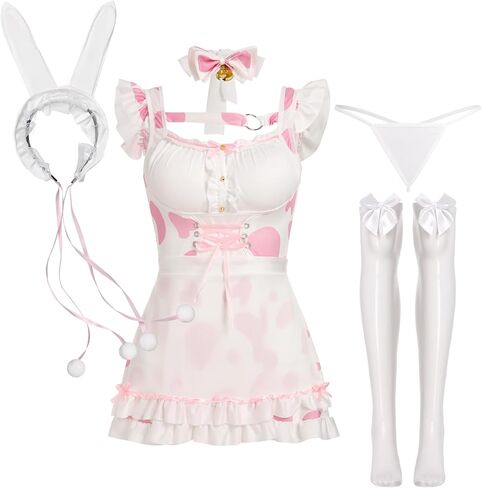 ABAFIP Women's Cute Cosplay Outfits Kawaii Anime Role Play Cow Kitten Ear Headband Stockings Ruffle Mini Dress set in Saudi Arabia
