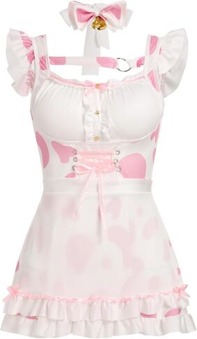 ABAFIP Women's Cute Cosplay Outfits Kawaii Anime Role Play Cow Kitten Ear Headband Stockings Ruffle Mini Dress set in Saudi Arabia