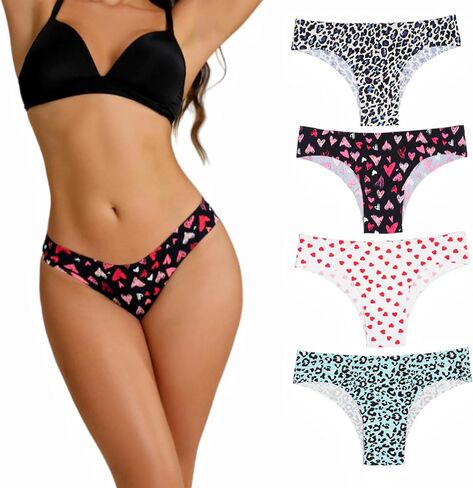 Women's Seamless Allover Printed Bikini Panties, Pack of 4, Hearts and Leopard Patterns in Saudi Arabia