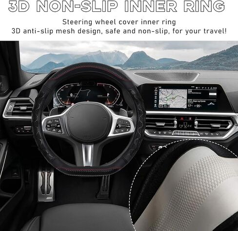 Car Steering Wheel Cover, 15 Inch Leather D-Shaped Comfy Grip Steering Wheel Protector, Anti-Slip Steering Wheel Cover with 3D Honeycomb for Most Vehicles, Car Accessories (Red) in Saudi Arabia