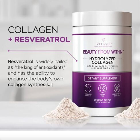 Hydrolyzed Collagen Peptides Powder with Vitamin C & Resveratrol - Hair, Skin and Nails Vitamins for Women & Men - Bone and Joint Supplement - Coconut Flavored - 16 oz in Saudi Arabia