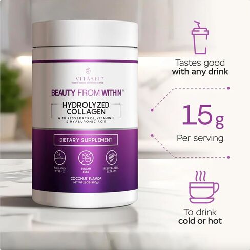 Hydrolyzed Collagen Peptides Powder with Vitamin C & Resveratrol - Hair, Skin and Nails Vitamins for Women & Men - Bone and Joint Supplement - Coconut Flavored - 16 oz in Saudi Arabia