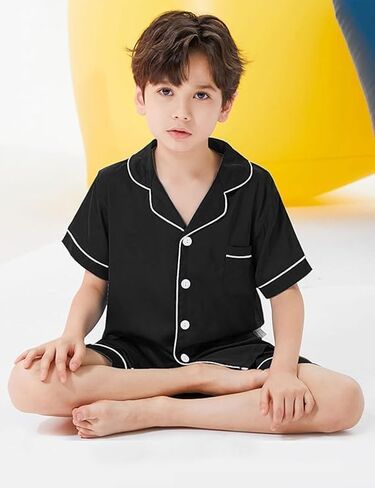 SWOMOG Unisex Kids Silk Satin Pajamas Sets Girls Boys Pjs Set Button-Down Sleepwear Short Sleeve Nightwear 2 Piece in Saudi Arabia