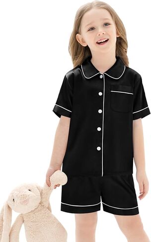 SWOMOG Unisex Kids Silk Satin Pajamas Sets Girls Boys Pjs Set Button-Down Sleepwear Short Sleeve Nightwear 2 Piece in Saudi Arabia