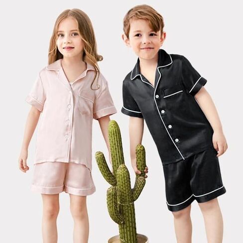 SWOMOG Unisex Kids Silk Satin Pajamas Sets Girls Boys Pjs Set Button-Down Sleepwear Short Sleeve Nightwear 2 Piece in Saudi Arabia