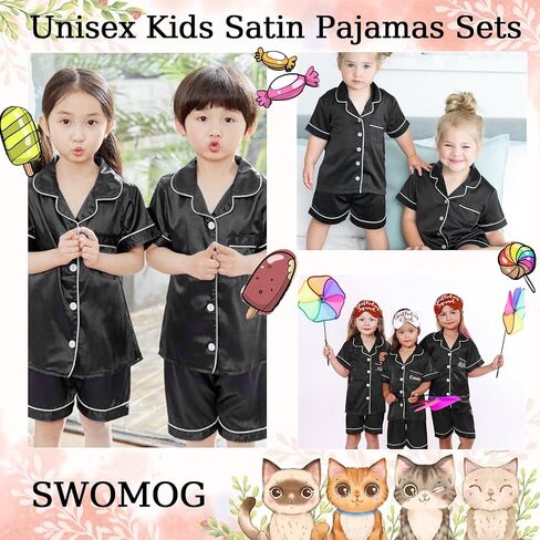 SWOMOG Unisex Kids Silk Satin Pajamas Sets Girls Boys Pjs Set Button-Down Sleepwear Short Sleeve Nightwear 2 Piece in Saudi Arabia