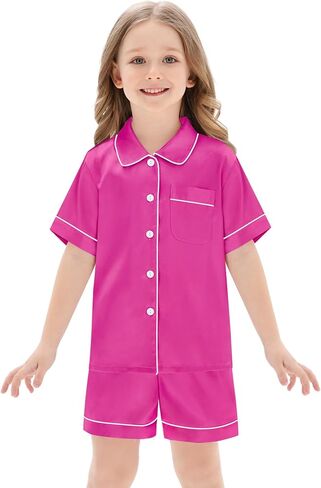 SWOMOG Unisex Kids Silk Satin Pajamas Sets Girls Boys Pjs Set Button-Down Sleepwear Short Sleeve Nightwear 2 Piece in Saudi Arabia