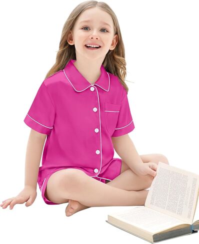 SWOMOG Unisex Kids Silk Satin Pajamas Sets Girls Boys Pjs Set Button-Down Sleepwear Short Sleeve Nightwear 2 Piece in Saudi Arabia