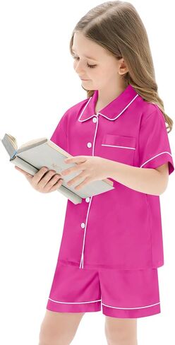 SWOMOG Unisex Kids Silk Satin Pajamas Sets Girls Boys Pjs Set Button-Down Sleepwear Short Sleeve Nightwear 2 Piece in Saudi Arabia