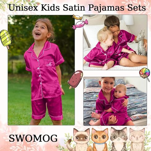 SWOMOG Unisex Kids Silk Satin Pajamas Sets Girls Boys Pjs Set Button-Down Sleepwear Short Sleeve Nightwear 2 Piece in Saudi Arabia