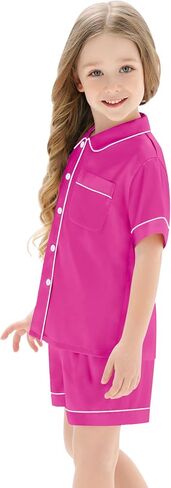 SWOMOG Unisex Kids Silk Satin Pajamas Sets Girls Boys Pjs Set Button-Down Sleepwear Short Sleeve Nightwear 2 Piece in Saudi Arabia