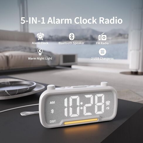 Alarm Clock Radio with Bluetooth Speaker, FM Radio, High Fidelity Sound, Bedside Clock with 2 Charging Ports, Adjustable Dimmer & Volume, Night Light, Auto-off Timer, Ideal for Bedroom and Home Office in Saudi Arabia