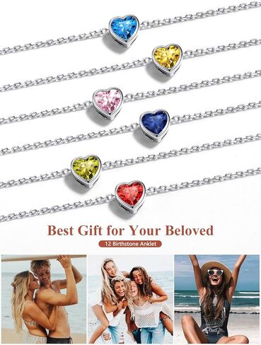 Silvora 925 Sterling Silver Anklets for Women ، Antlety Heart Birthstone Onkle Beach Anchlet Summer ، 8.7-10.7 Inch Aledable Anclet for Women in Saudi Arabia