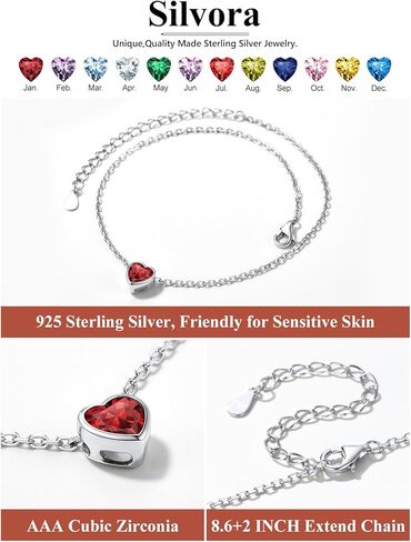 Silvora 925 Sterling Silver Anklets for Women ، Antlety Heart Birthstone Onkle Beach Anchlet Summer ، 8.7-10.7 Inch Aledable Anclet for Women in Saudi Arabia