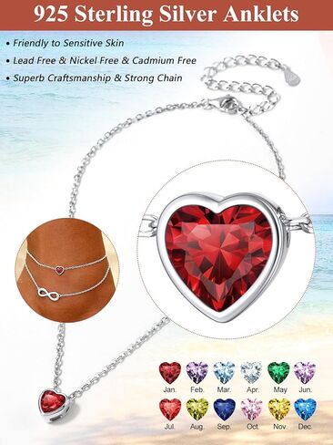 Silvora 925 Sterling Silver Anklets for Women ، Antlety Heart Birthstone Onkle Beach Anchlet Summer ، 8.7-10.7 Inch Aledable Anclet for Women in Saudi Arabia
