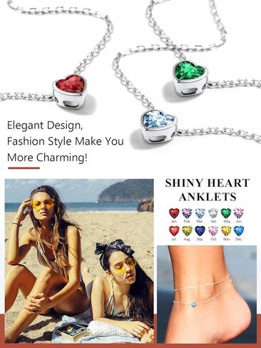 Silvora 925 Sterling Silver Anklets for Women ، Antlety Heart Birthstone Onkle Beach Anchlet Summer ، 8.7-10.7 Inch Aledable Anclet for Women in Saudi Arabia