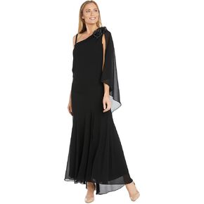 R&M Richards Women's Noir Glitter One-Shoulder Gown