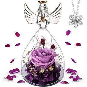 Forever Flowers Roses Angel Gifts for Women - Birthday Flower Gifts for Mom, Grandma - Anniversaries Gift for Her, Girlfriend, Wife - Preserved Rose in Glass Figurines Decor- Pink Gift Set Presents