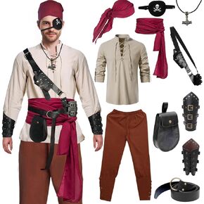 Medieval Pirate Costume for Men - Pirate Accessory Set 11Pcs for Halloween, Cosplay & LARP Events