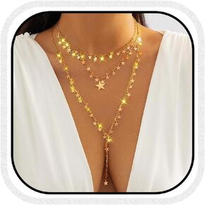 Star Choker Necklaces Gold Long Layered Star Pendant Necklace Chain for Women