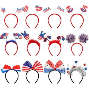 CURASA 12 PCS 4th Of July Headband Patriotic Head Boppers Ribbon Stars Uncle Sam Hat Independence Day Headbands USA Flag Red White Blue Hair Decorations Party Favors Supplies Memorial Day Hair Hoop