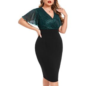 ZOMVA Plus Size Sparkly Bodycon Dress Ruffle Sleeve V Neck Wrap Midi Dresses Wedding Guest Business Work Cocktail Party
