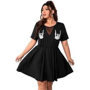 WDIRARA Women's Plus Size Contrast Mesh Cute Dress Skull Print A Line Dress Skeleton Hand Print Dresses