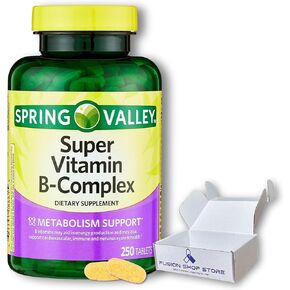 Super Vitamin B Complex Valley- أقراص 250 COUNT مزيج من B6 B12 C THIAMINE BIOTIN حمض الفوليك بانتثينيك وريبوفلافين ، محاصر بواسطة متجر Fusion Shop